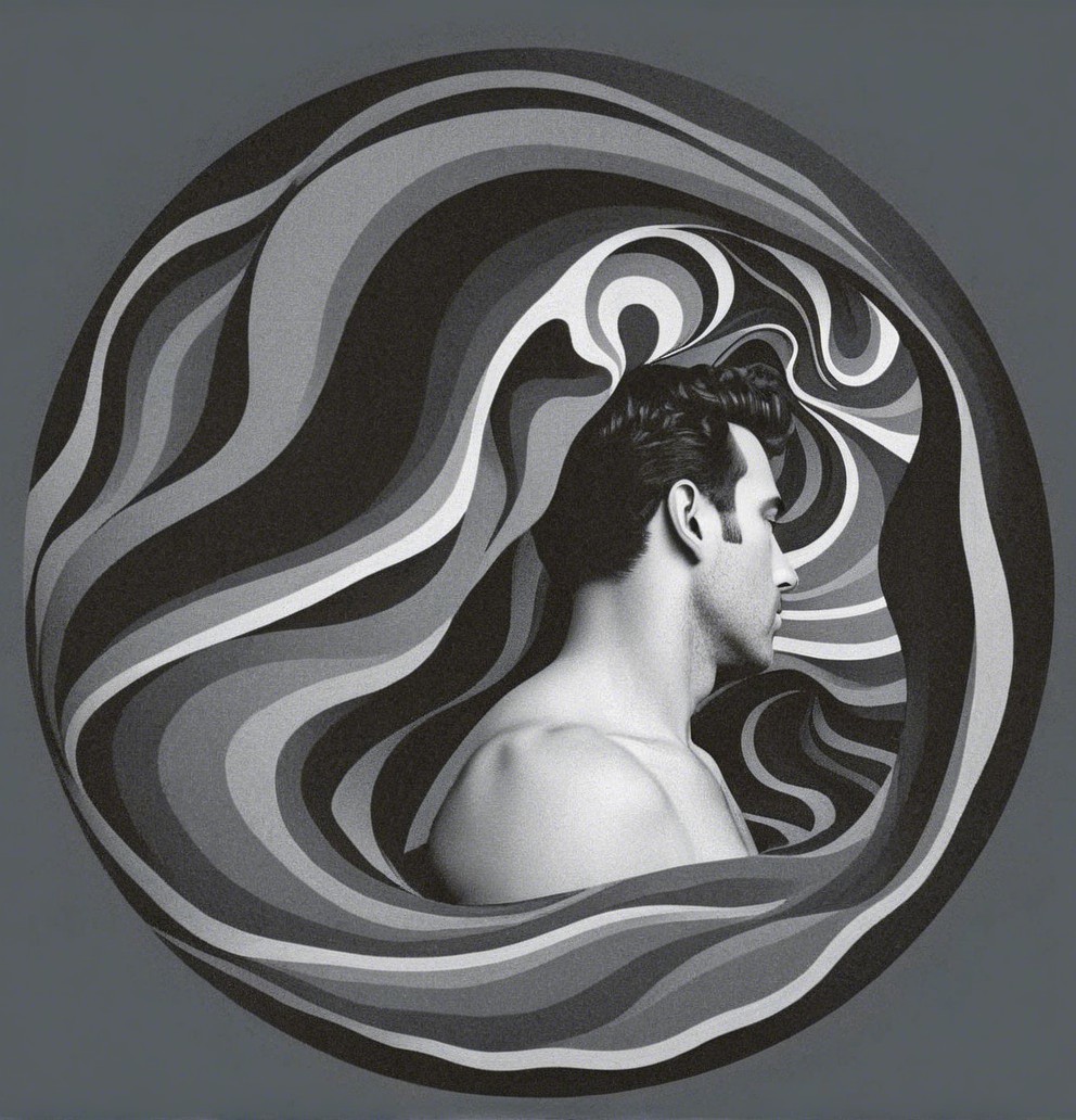 Monochromatic Illustration of a Man's Profile and Patterns