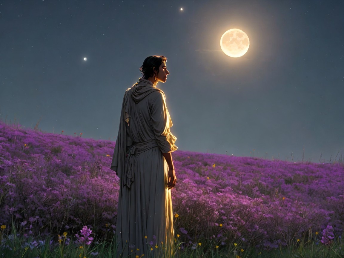 Serene Figure in Vibrant Field Under Full Moon