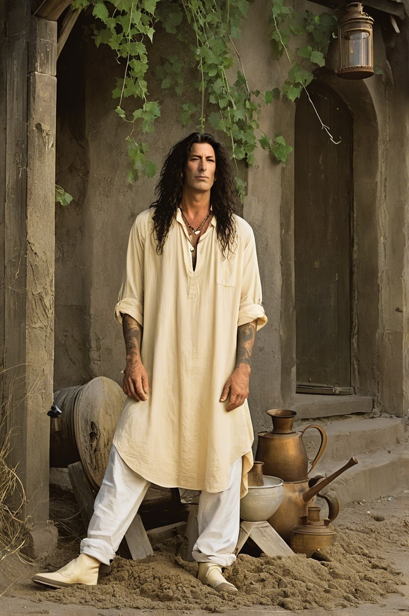 Confident Figure in Serene Outdoor Setting with Pottery