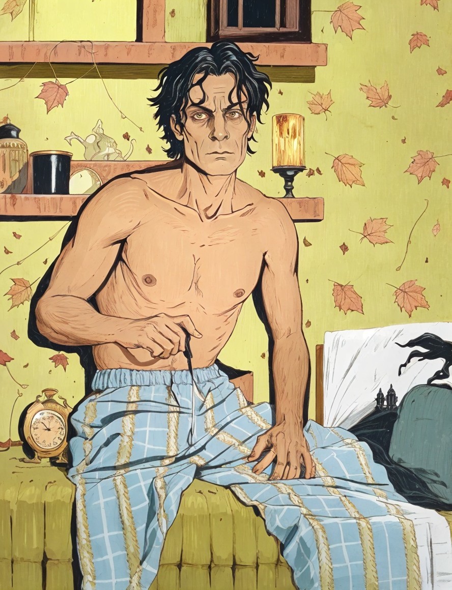 Shirtless Man in Blue Plaid Pajamas on Green Bench