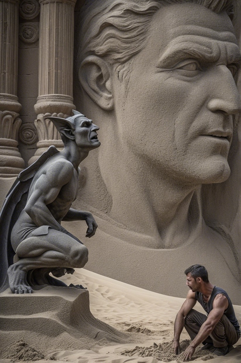 Sandy Sculpture of Mythical Creature in Desert Setting