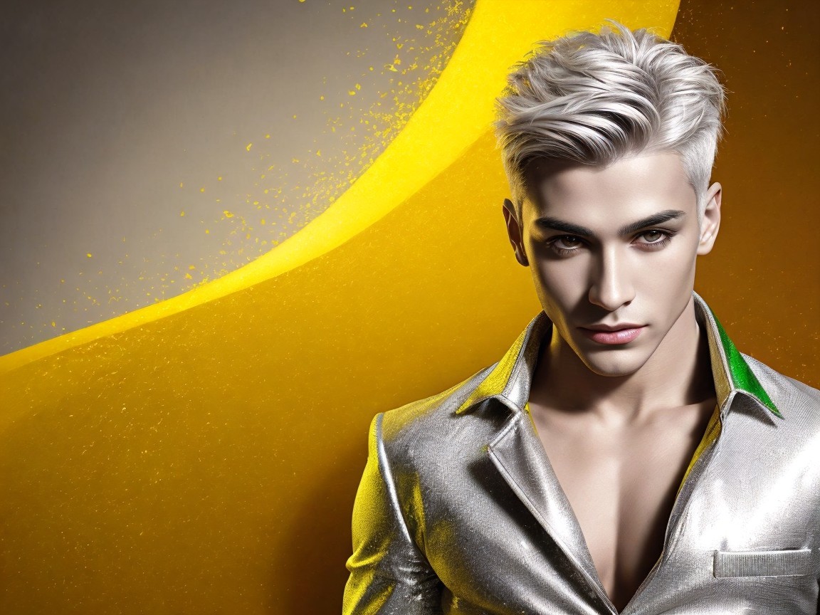 Male model in silver jacket against yellow-gray backdrop