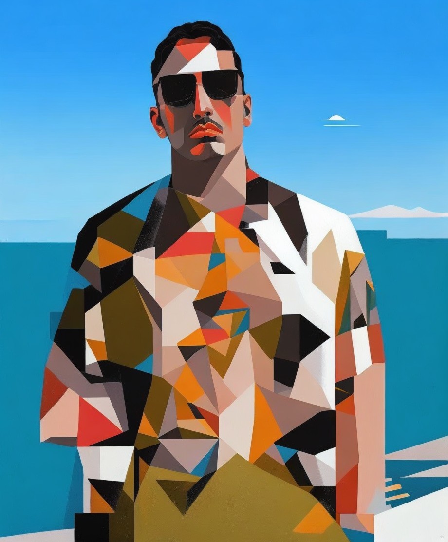 Stylized Portrait of a Man with Sunglasses and Sea