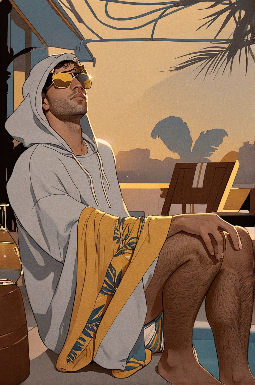 Relaxed Figure on Sunlit Balcony with Tropical Vibe