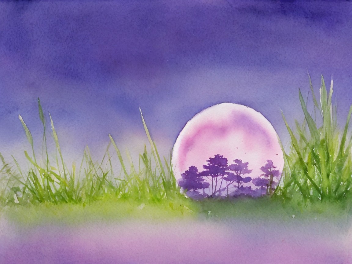 Watercolor Landscape with Gradient Sky and Bubble Reflection