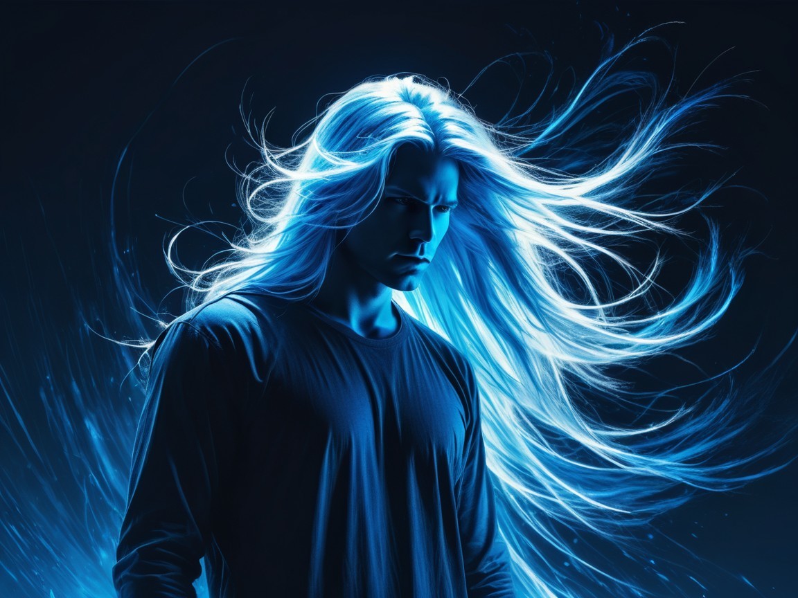 Figure with Blue Glow Against Dark Background