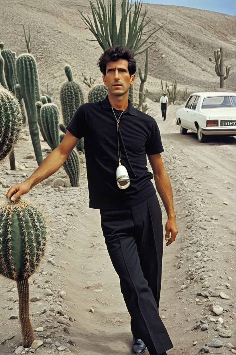 Stylish Man with Camera on Sandy Road by Cacti