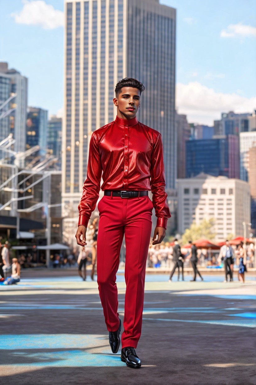 Male Model in Red Ensemble on Urban Runway
