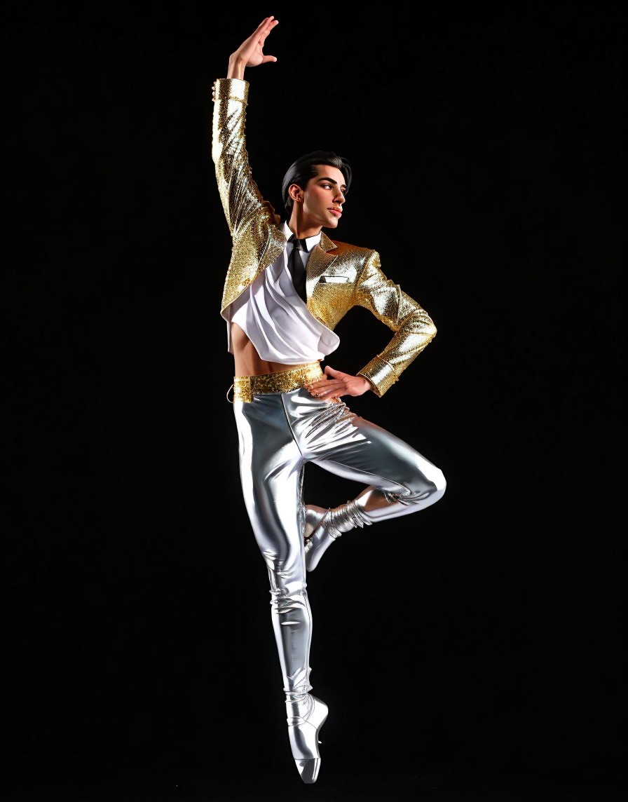 Male dancer in mid-air pose with shimmering outfit