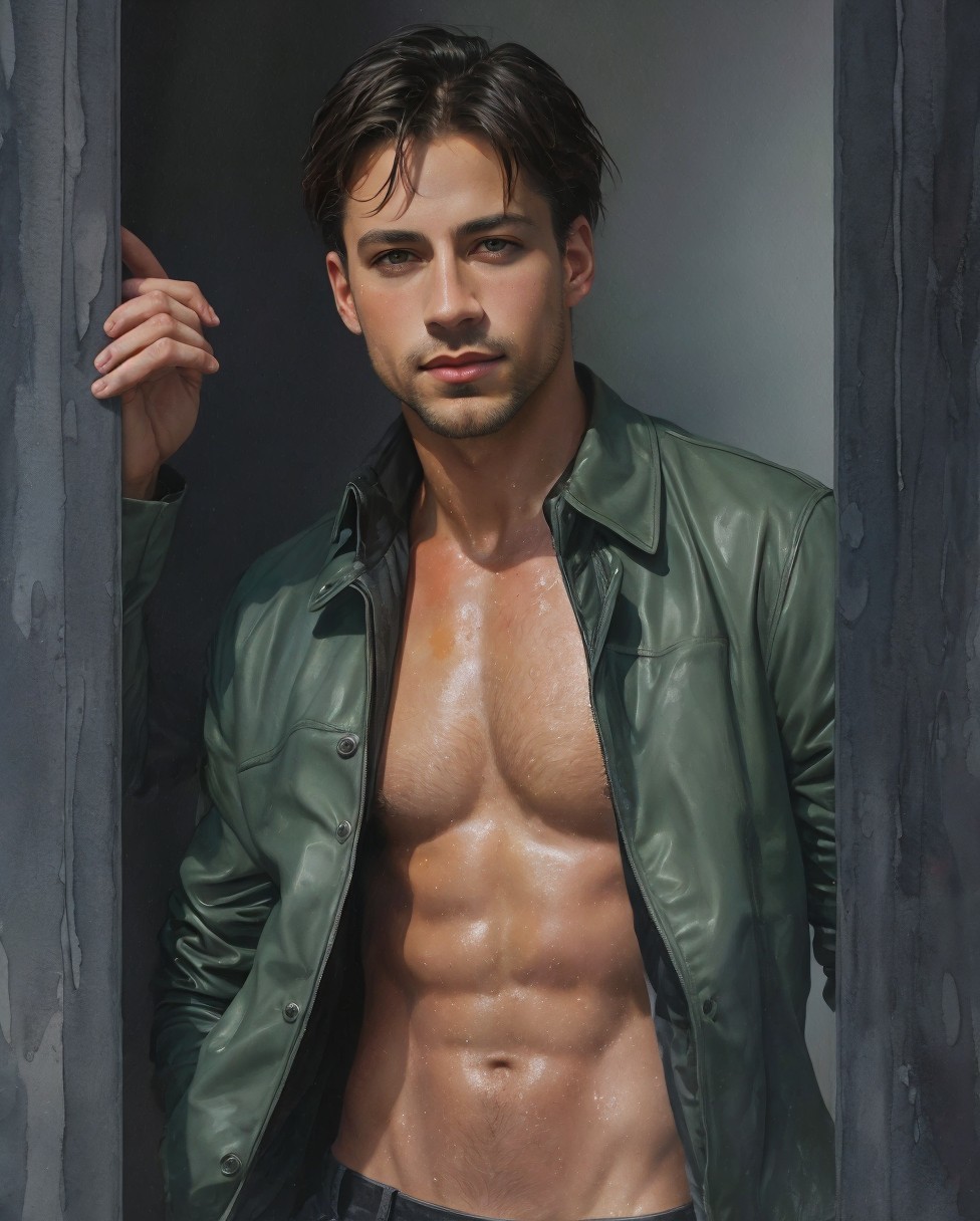 Man in Green Leather Jacket with Chiseled Physique