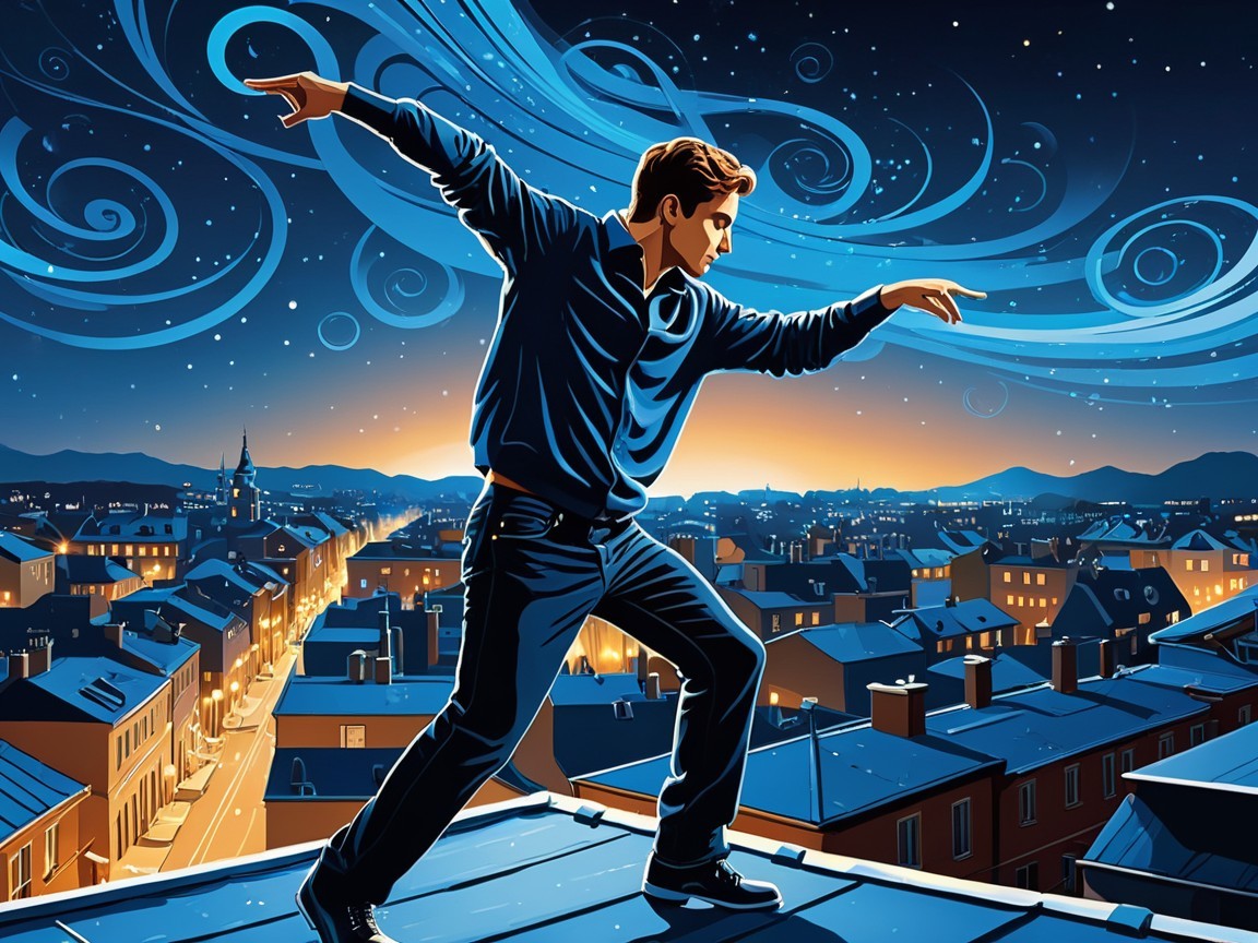 Man in blue outfit walking on a city rooftop at night