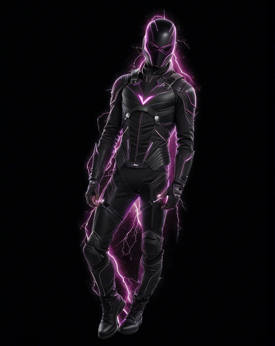 Futuristic superhero in black suit with purple accents