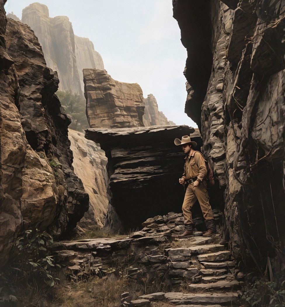 Lone Explorer in Rocky Landscape with Towering Cliffs