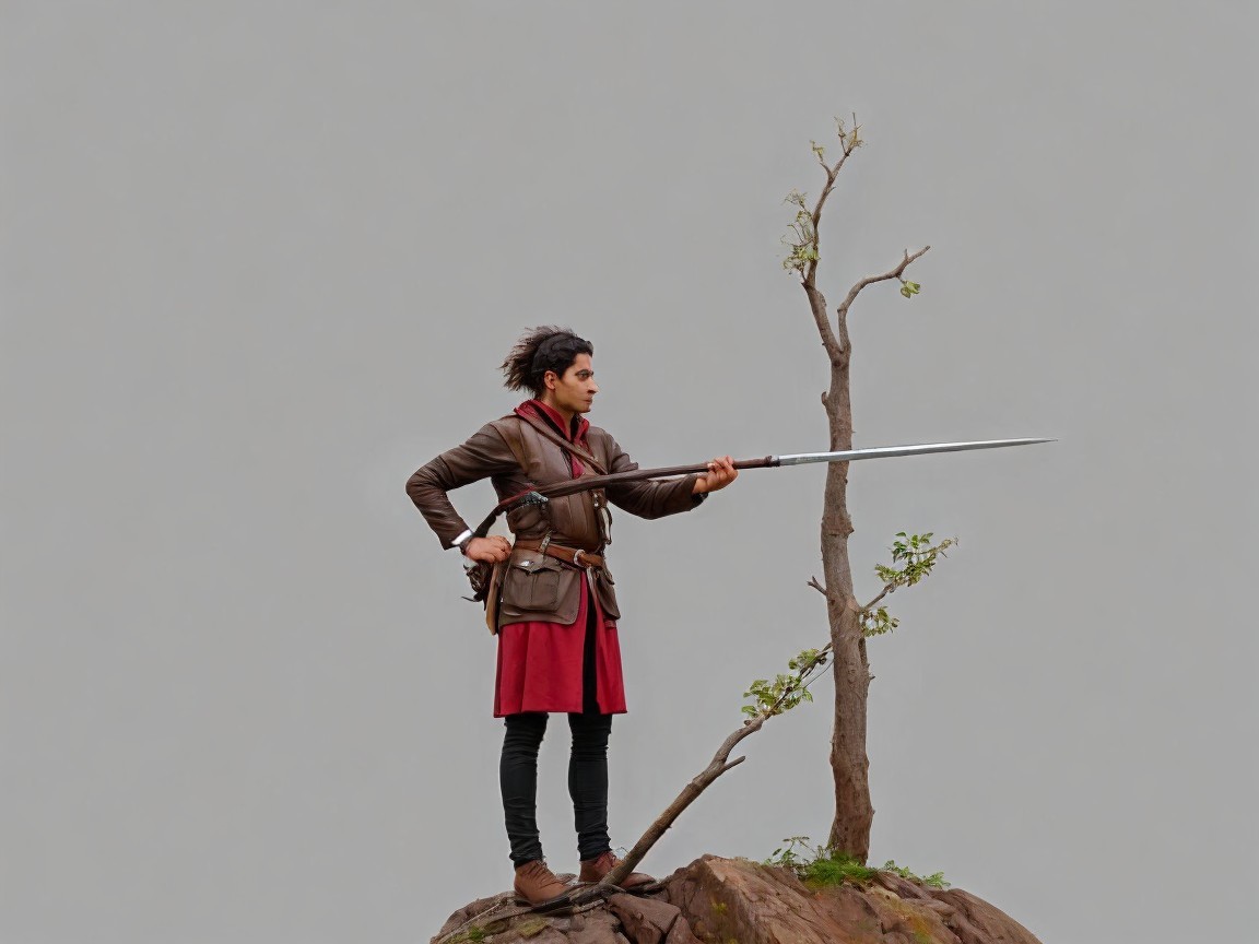 Adventurous Figure with Spear on Rocky Outcrop