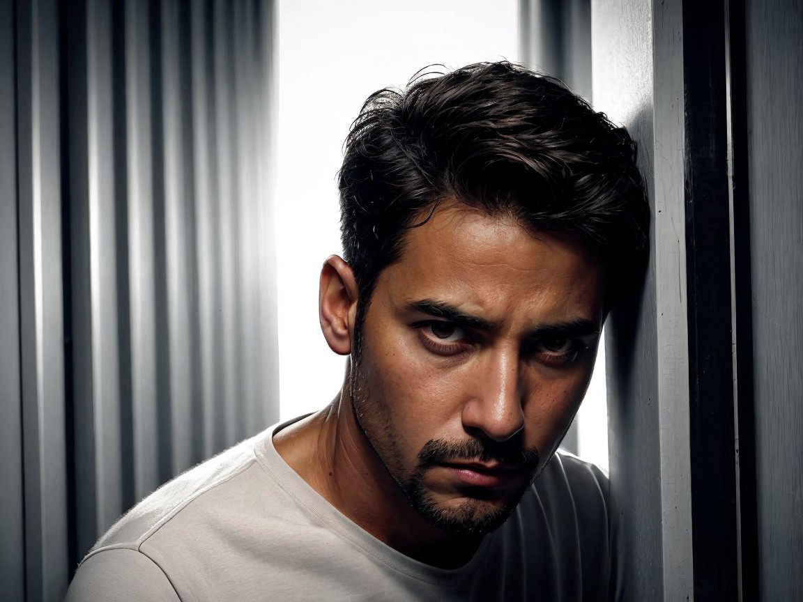 Young man in narrow space with dramatic lighting