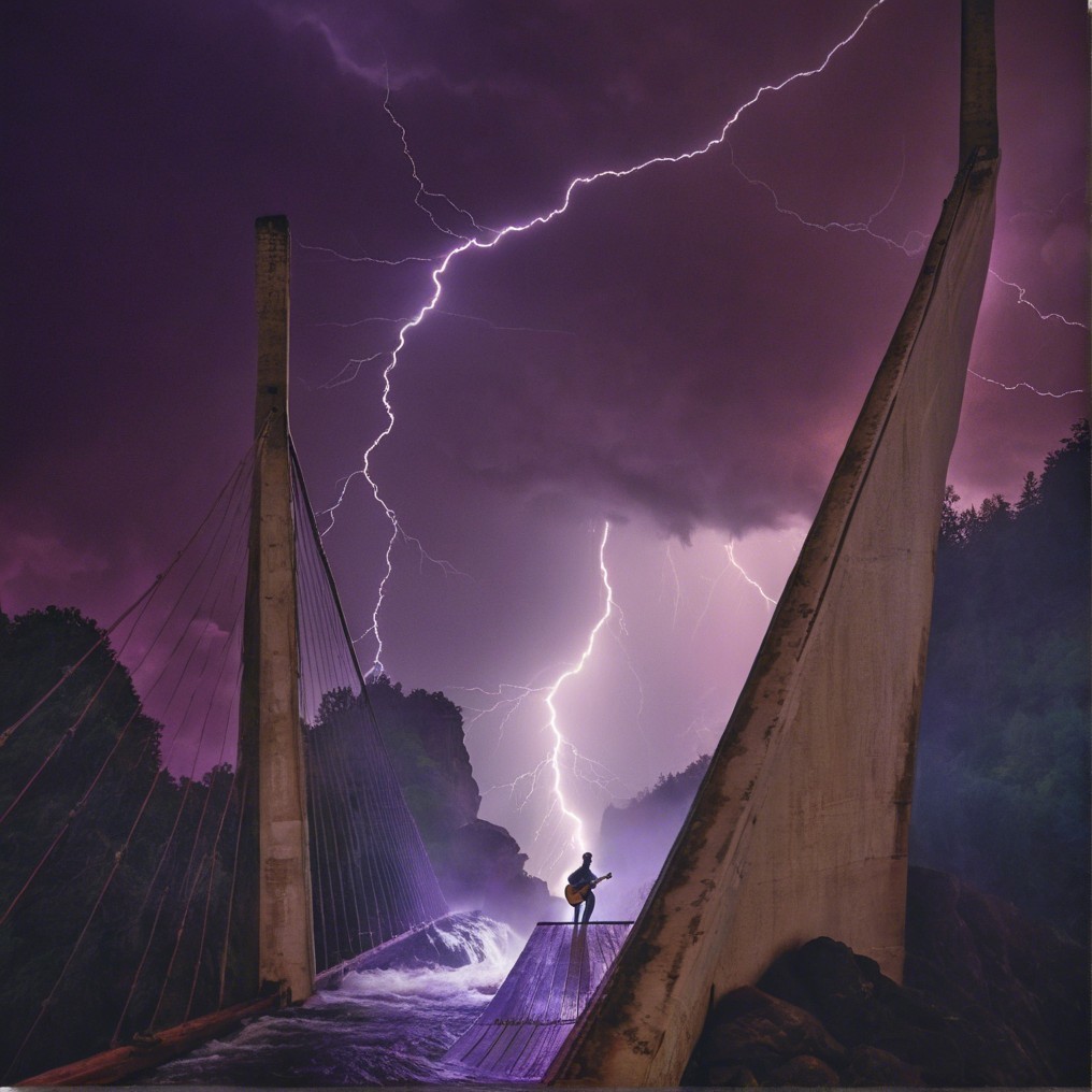 Stormy Bridge Scene with Guitar and Lightning Effects