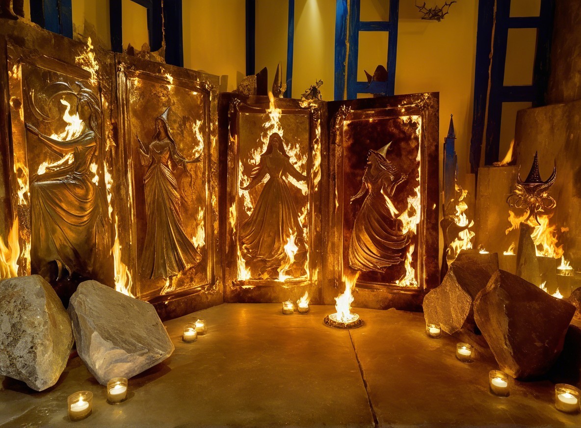 Ornate Panels with Figures Surrounded by Flames