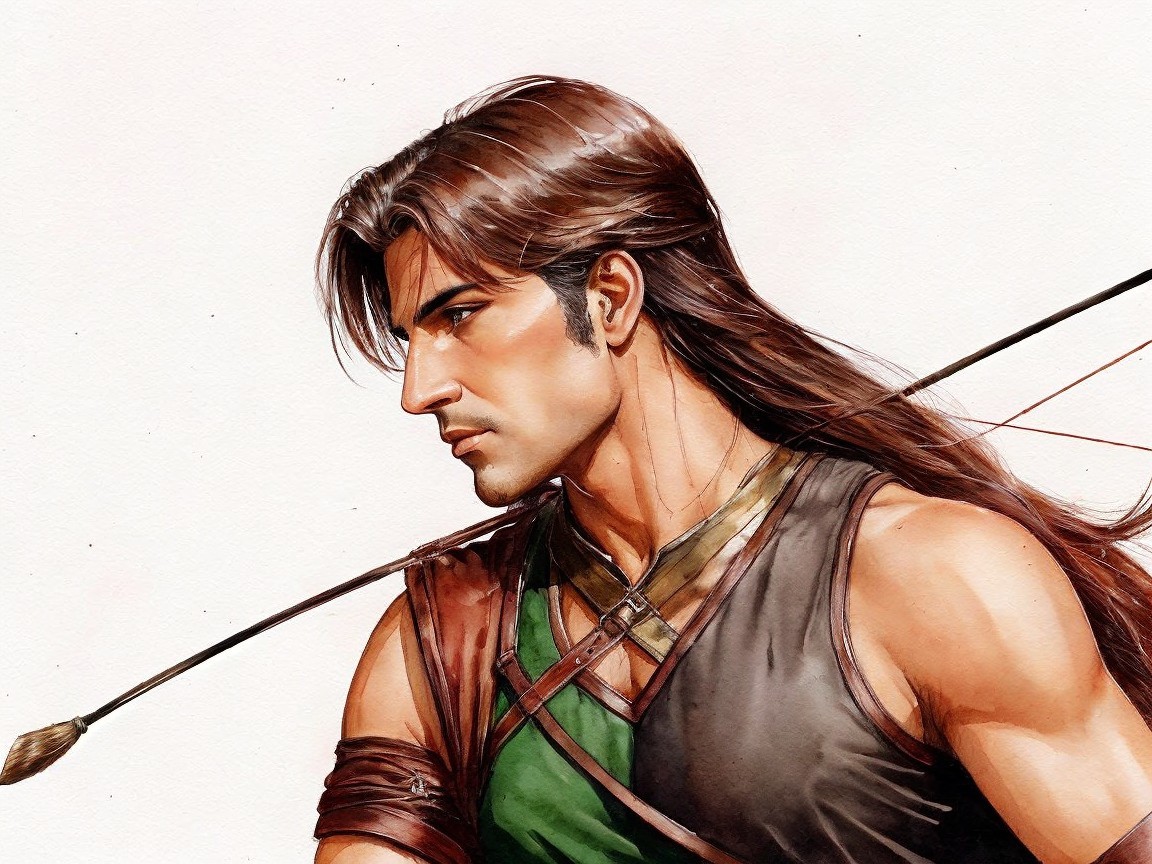 Muscular Character in Sleeveless Outfit with Bow and Arrow