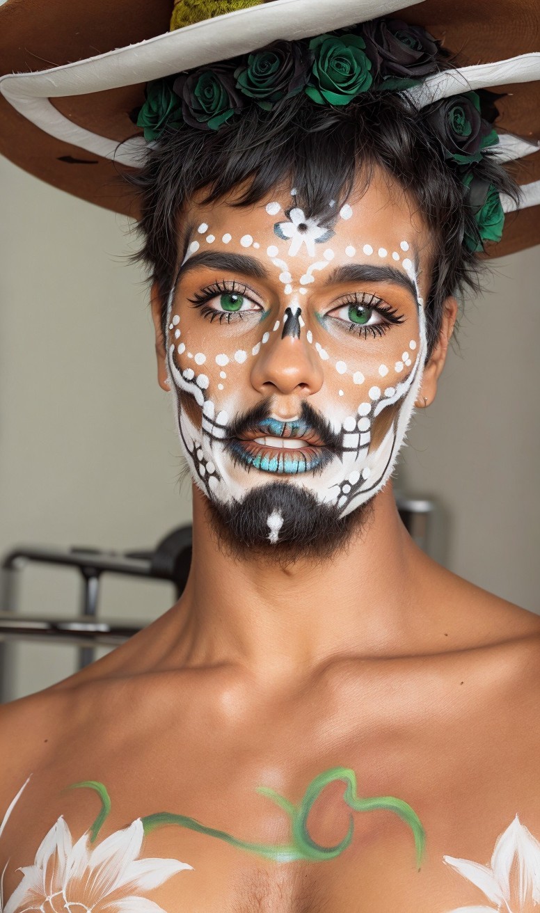 Person with Day of the Dead face paint and floral designs