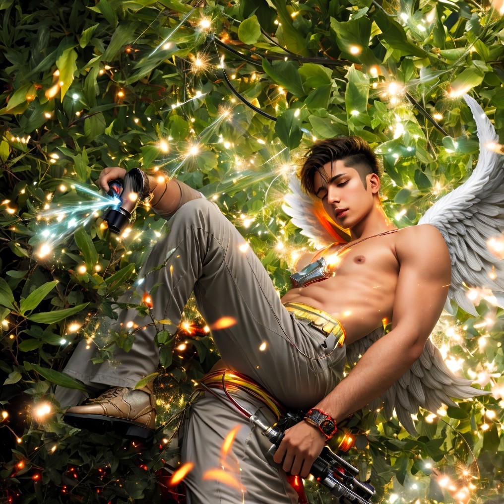 Muscular Young Man with Wings in Lush Foliage Scene