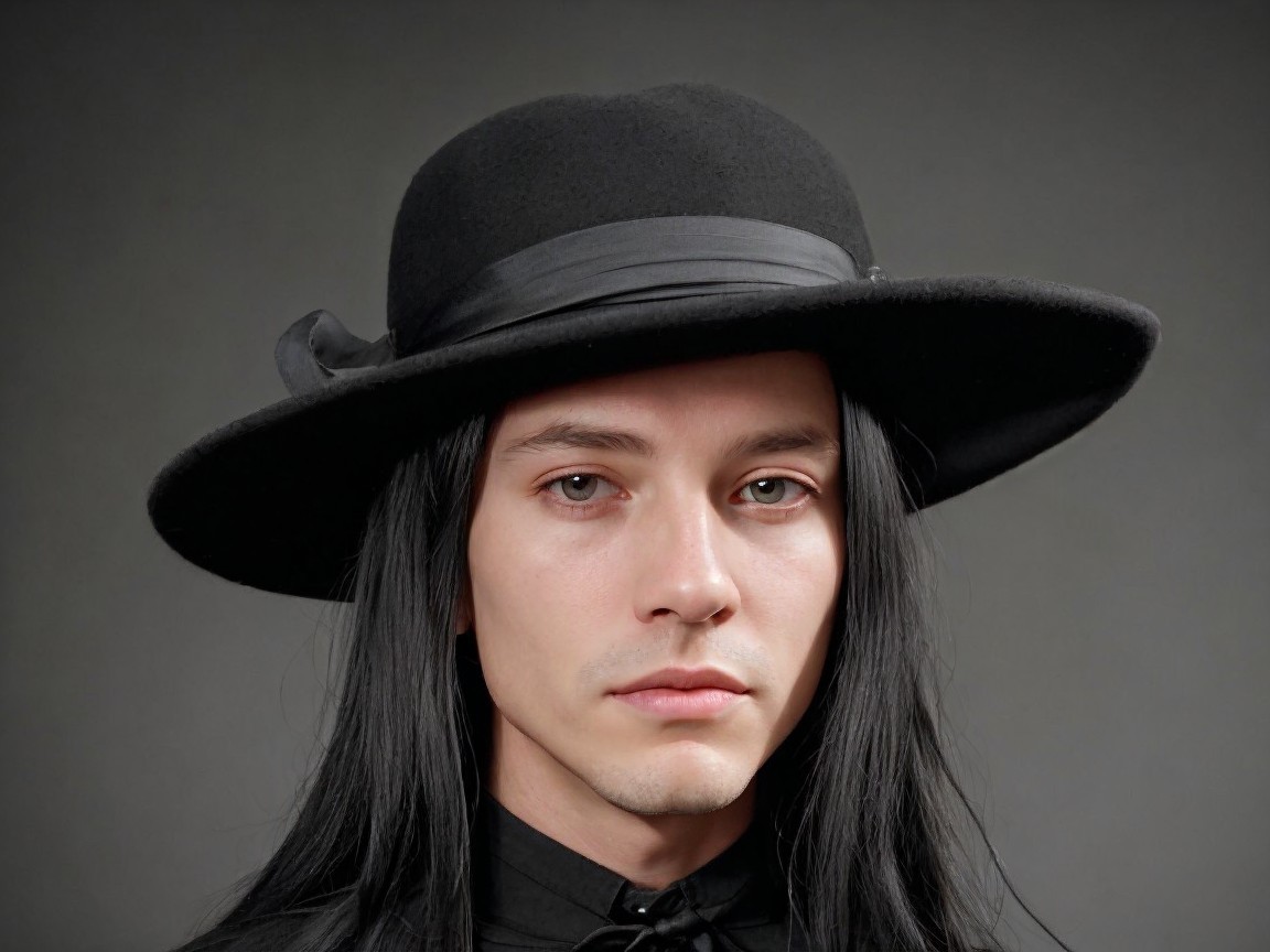 Young person with black hat and high-collared shirt