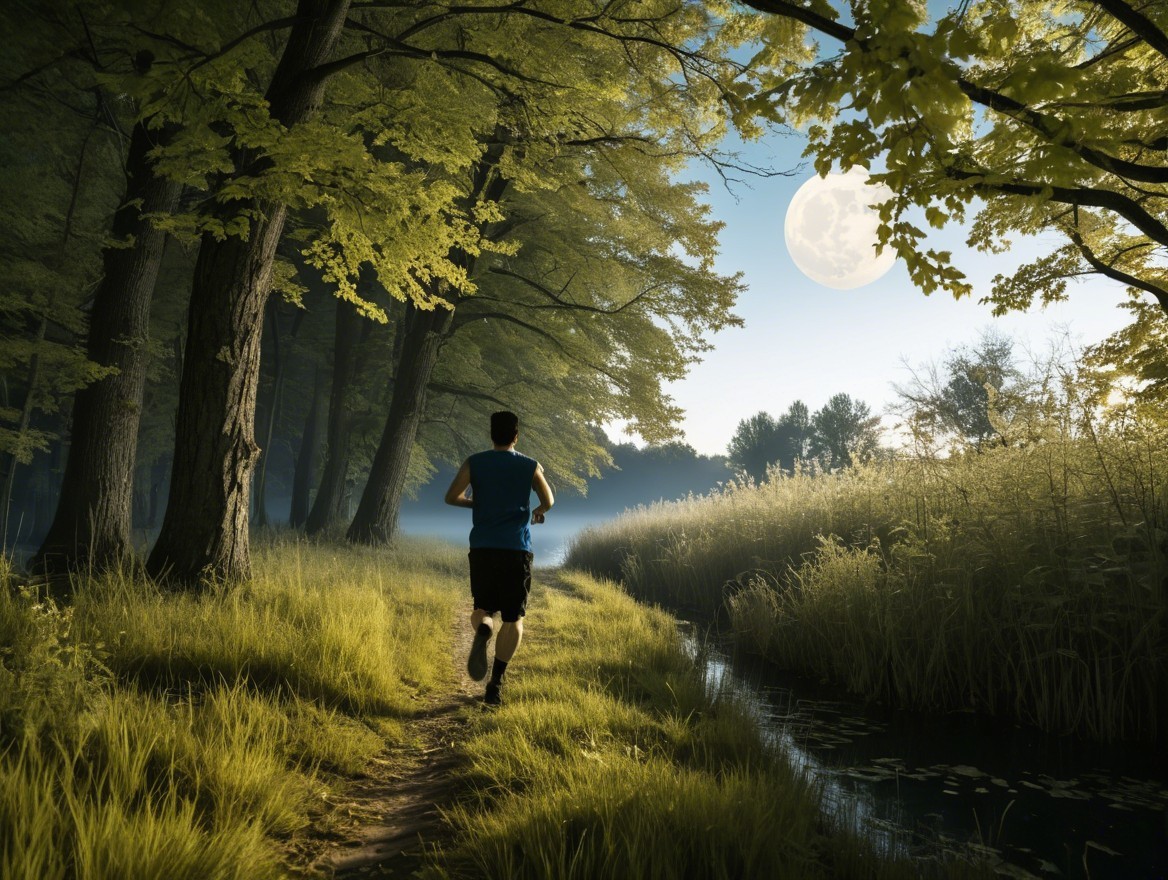 Runner on a peaceful forest trail by a river