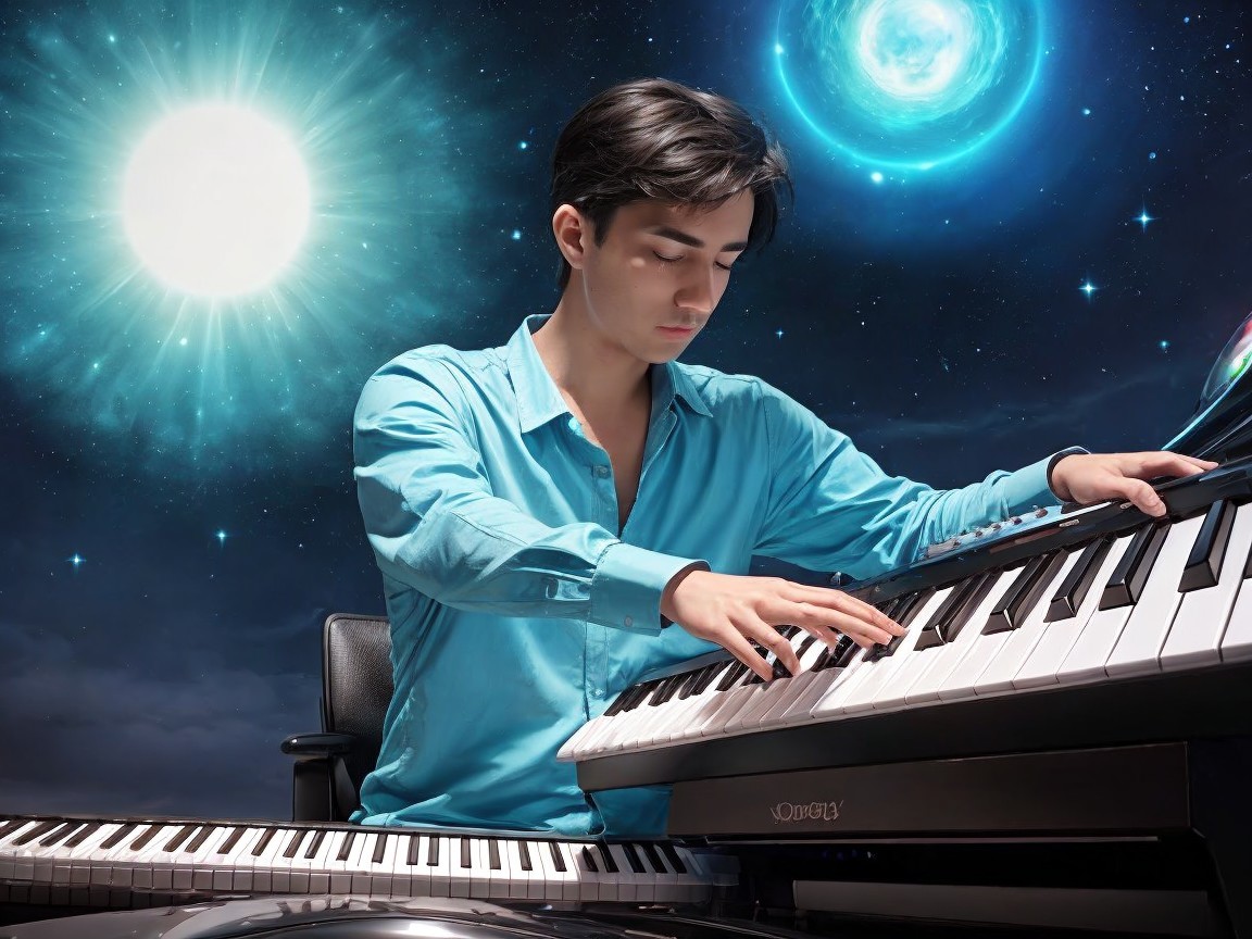 Young man playing keyboard in cosmic setting