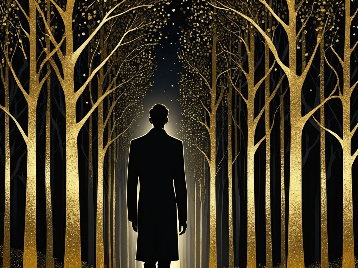 Silhouette in Glowing Light Among Golden Trees