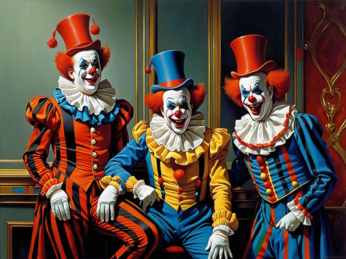 Vibrant Clowns in Colorful Costumes at Circus Scene