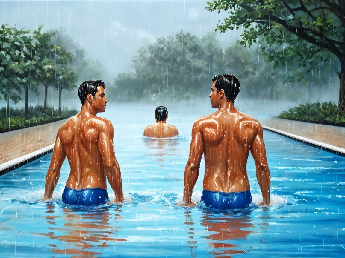 Three Men in a Rain-Soaked Swimming Pool Scene