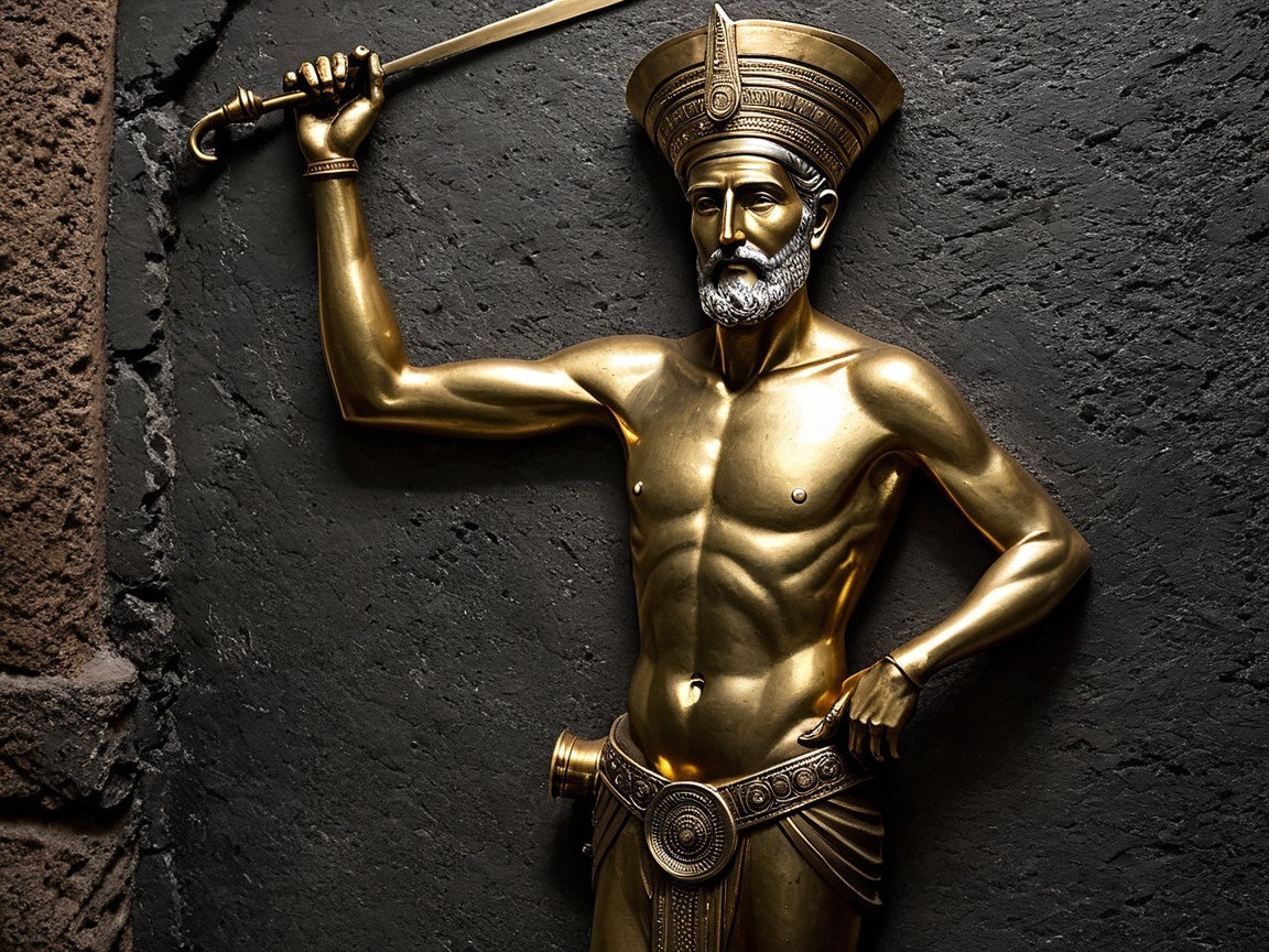 Golden Warrior Statue with Sword and Ornate Armor
