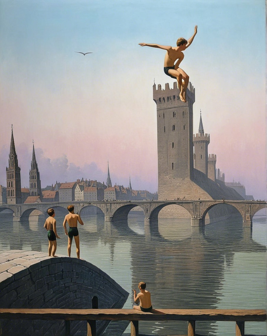 Serene sunset scene with castle and boys by water