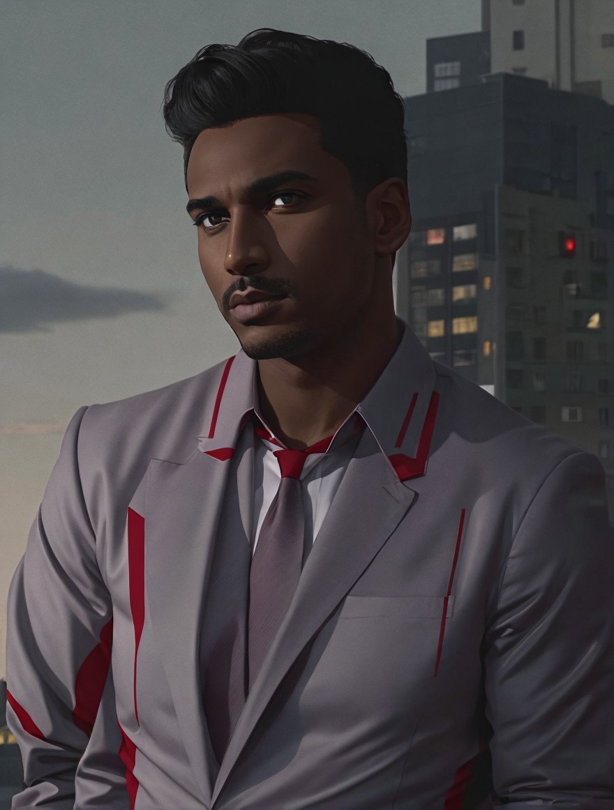 Man in Grey Suit with Red Accents in Urban Setting