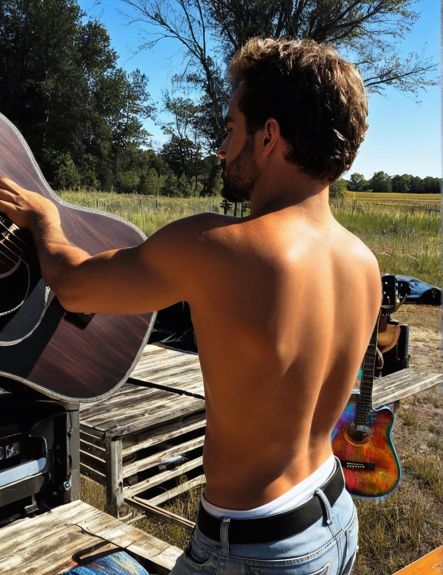 Young man with guitar in rustic outdoor setting