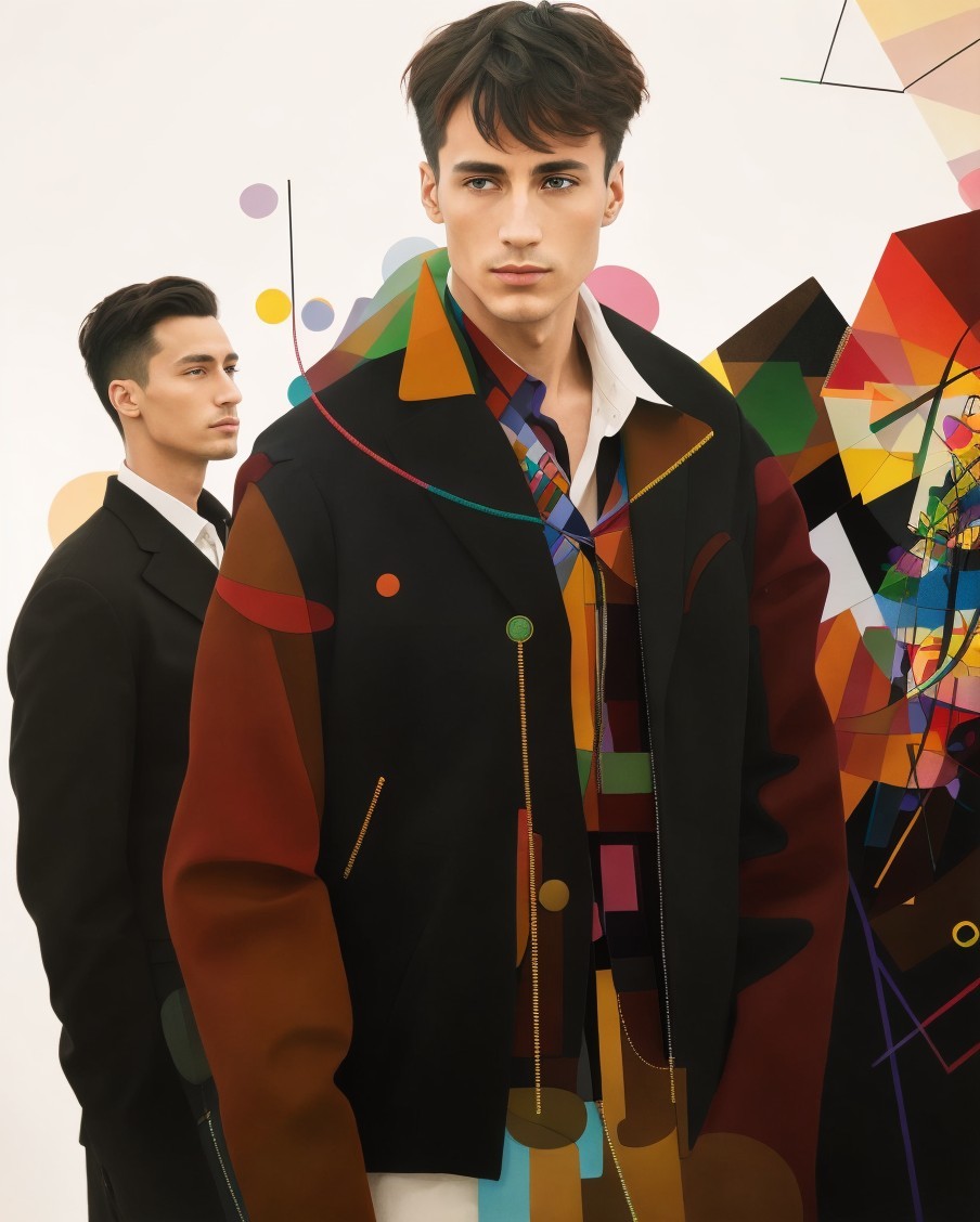 Male Models in Fashion Against Abstract Geometric Background