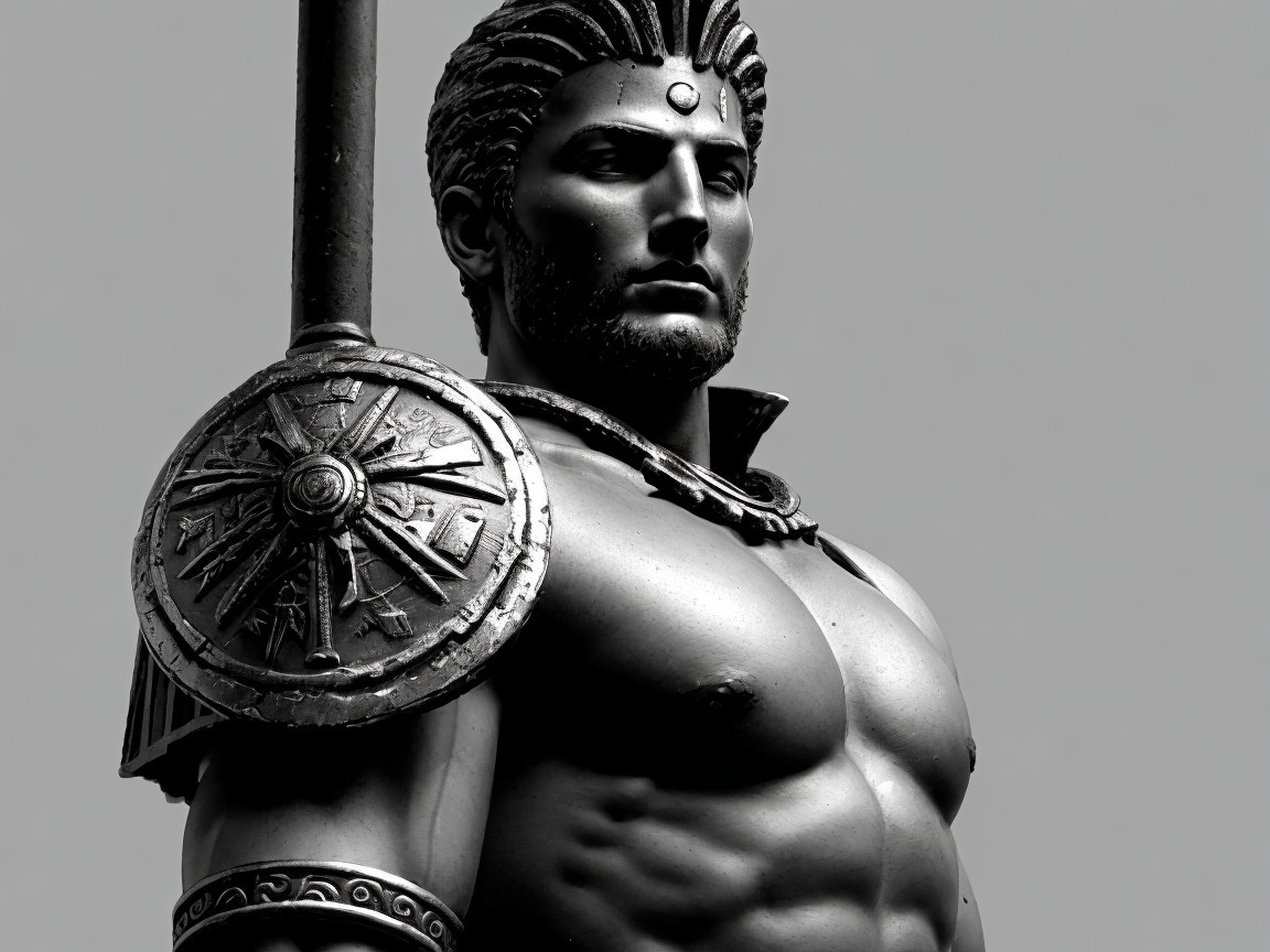 Muscular Warrior Statue in Black and White Image