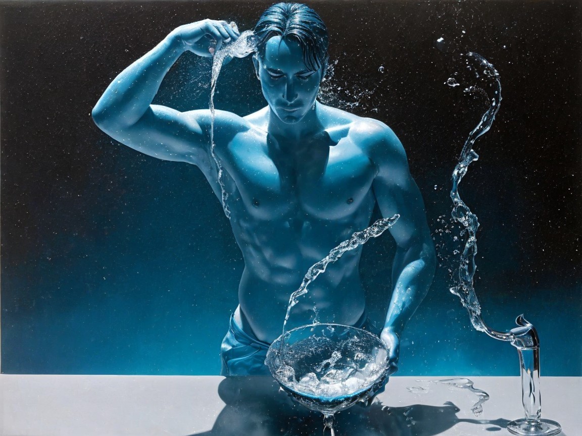 Muscular Man Pours Water in Dark Blue Setting