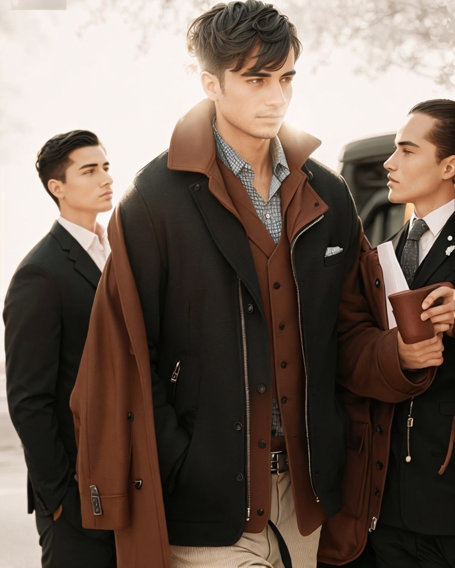 Fashionable Men in Modern Layered Attire in Urban Setting