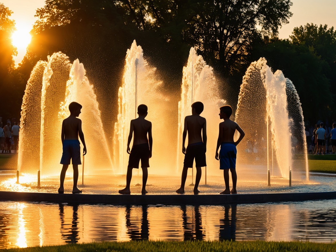 Boys Playing in Fountain at Vibrant Sunset