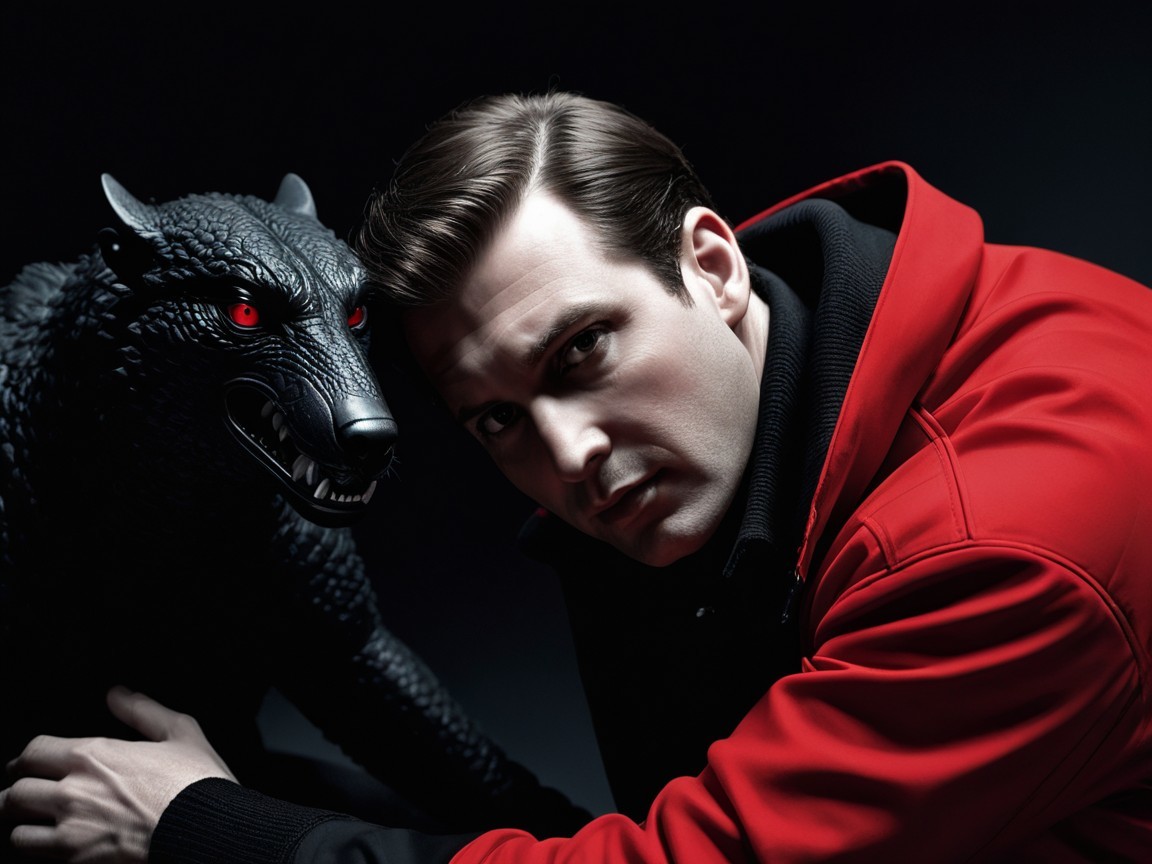 Man in Red Jacket by Fierce Black Wolf Statue