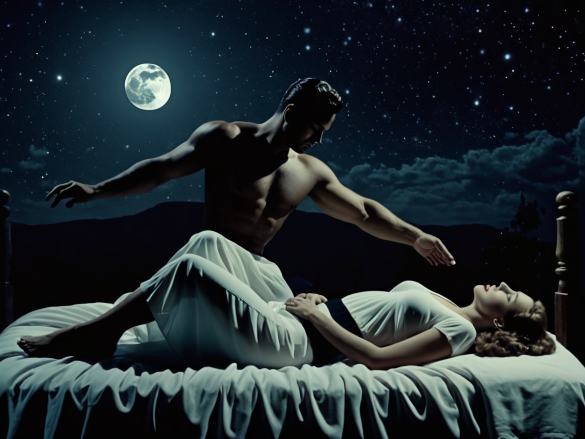 Romantic Scene Under Starlit Sky with Full Moon