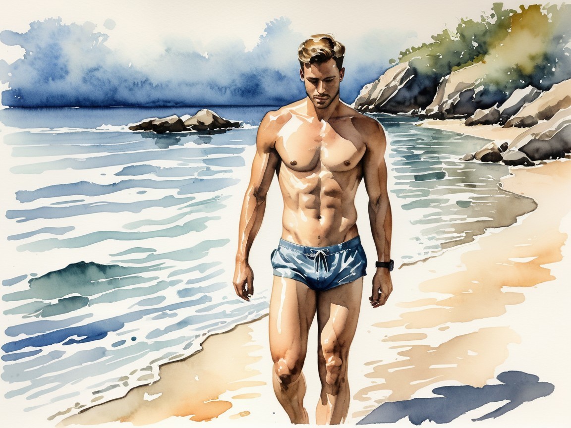 Toned Man Walking on Serene Beach in Watercolor