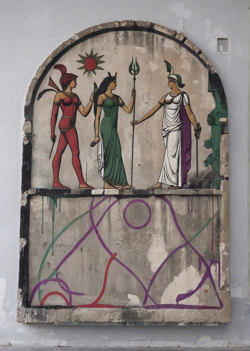 Vibrant Mural of Three Thematic Female Figures