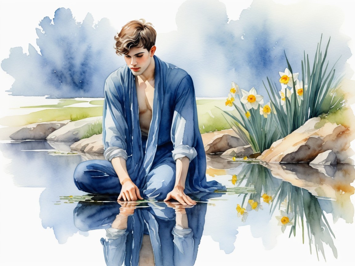 Young man by tranquil pond in blue robe with daffodils
