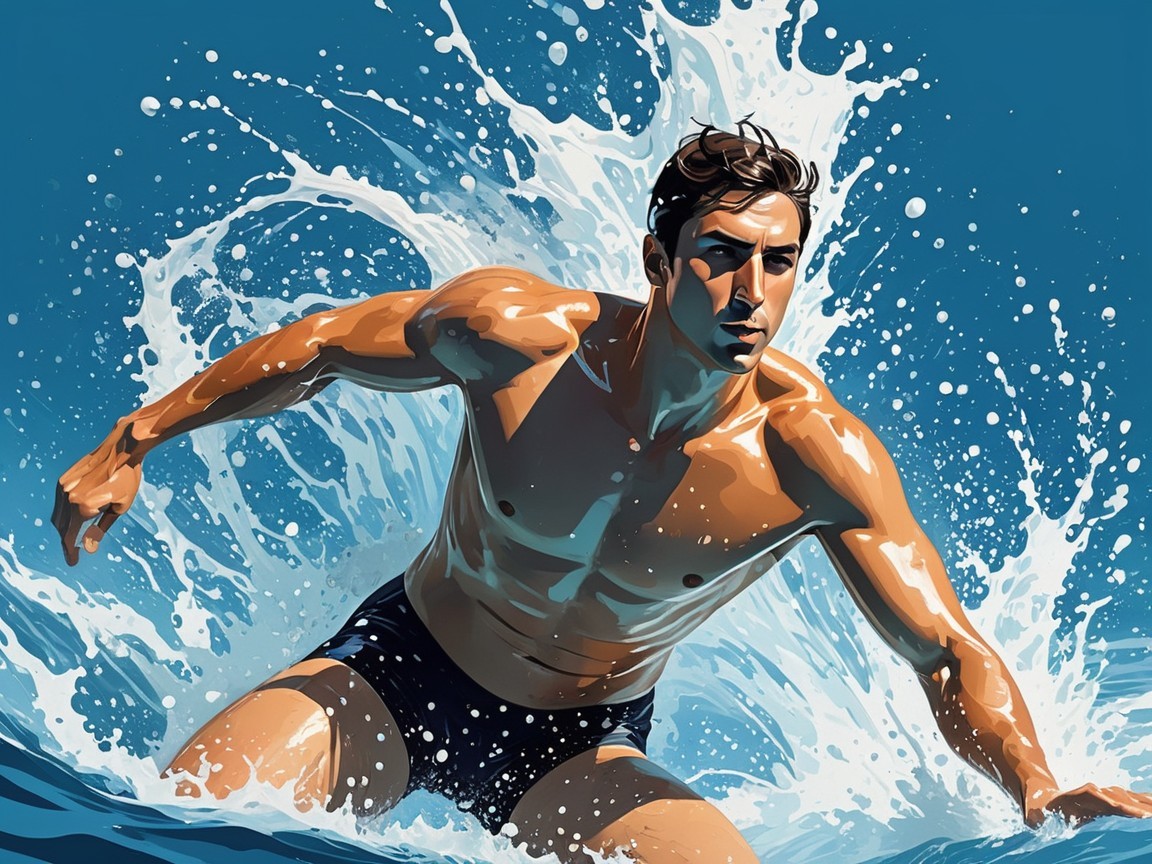 Muscular Man Surfing with Dynamic Ocean Splash