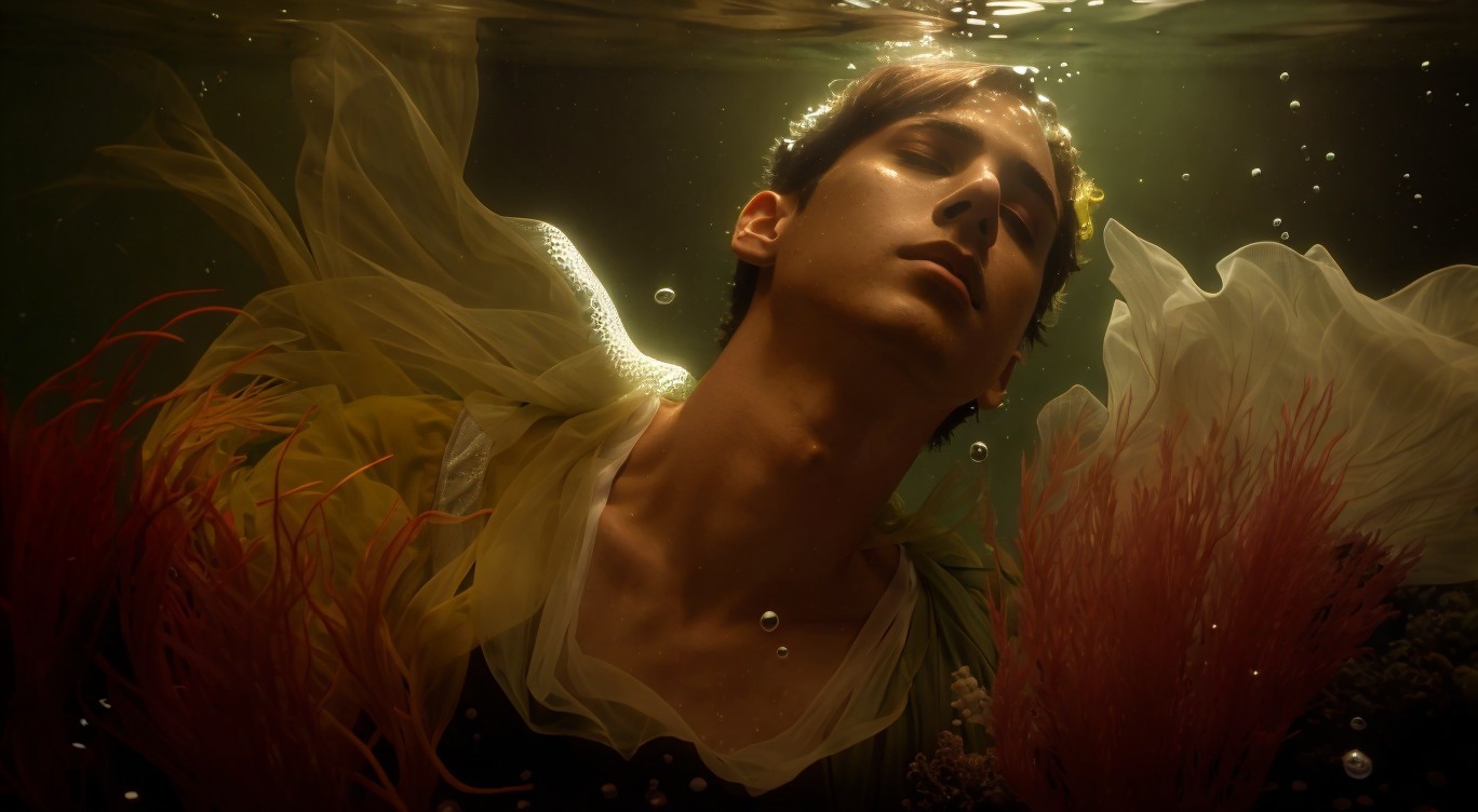 Serene Underwater Scene with Ethereal Fabrics and Coral