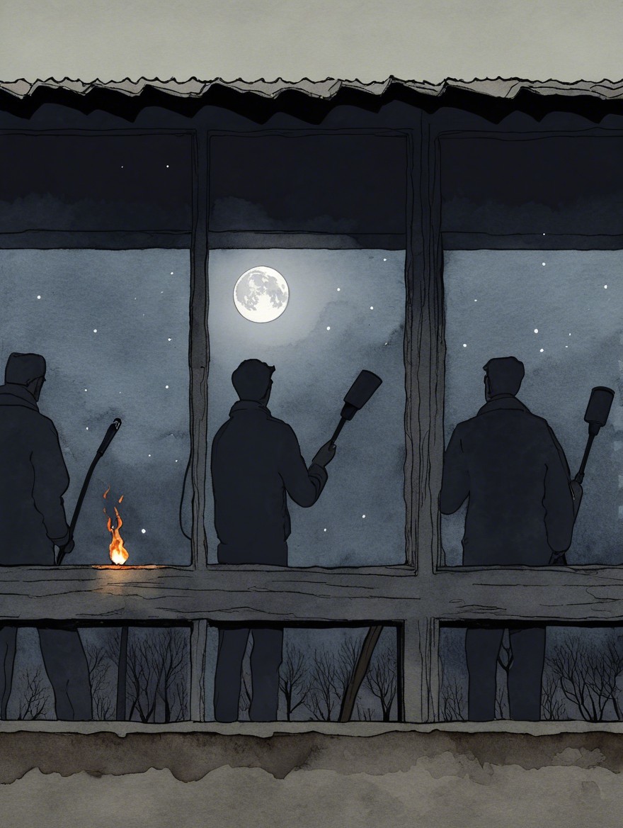 Silhouetted Figures in a Dimly Lit Room at Night