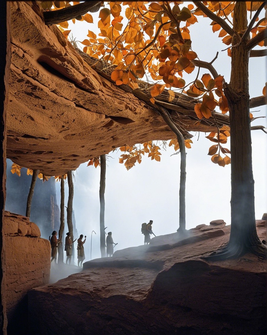 Hikers in a Misty Canyon with Towering Rock Formations