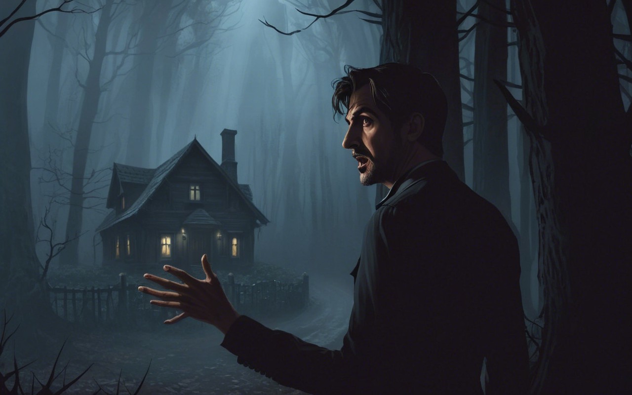 Man in shadowy forest near eerie cottage at night