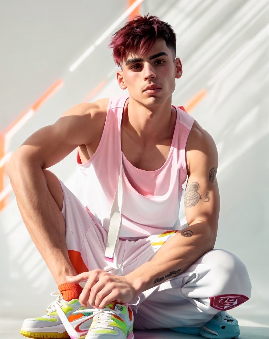 Young man in trendy athletic outfit with tattoos